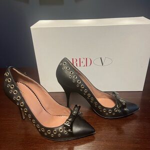RED Valentino Black Grommet Bow Heels